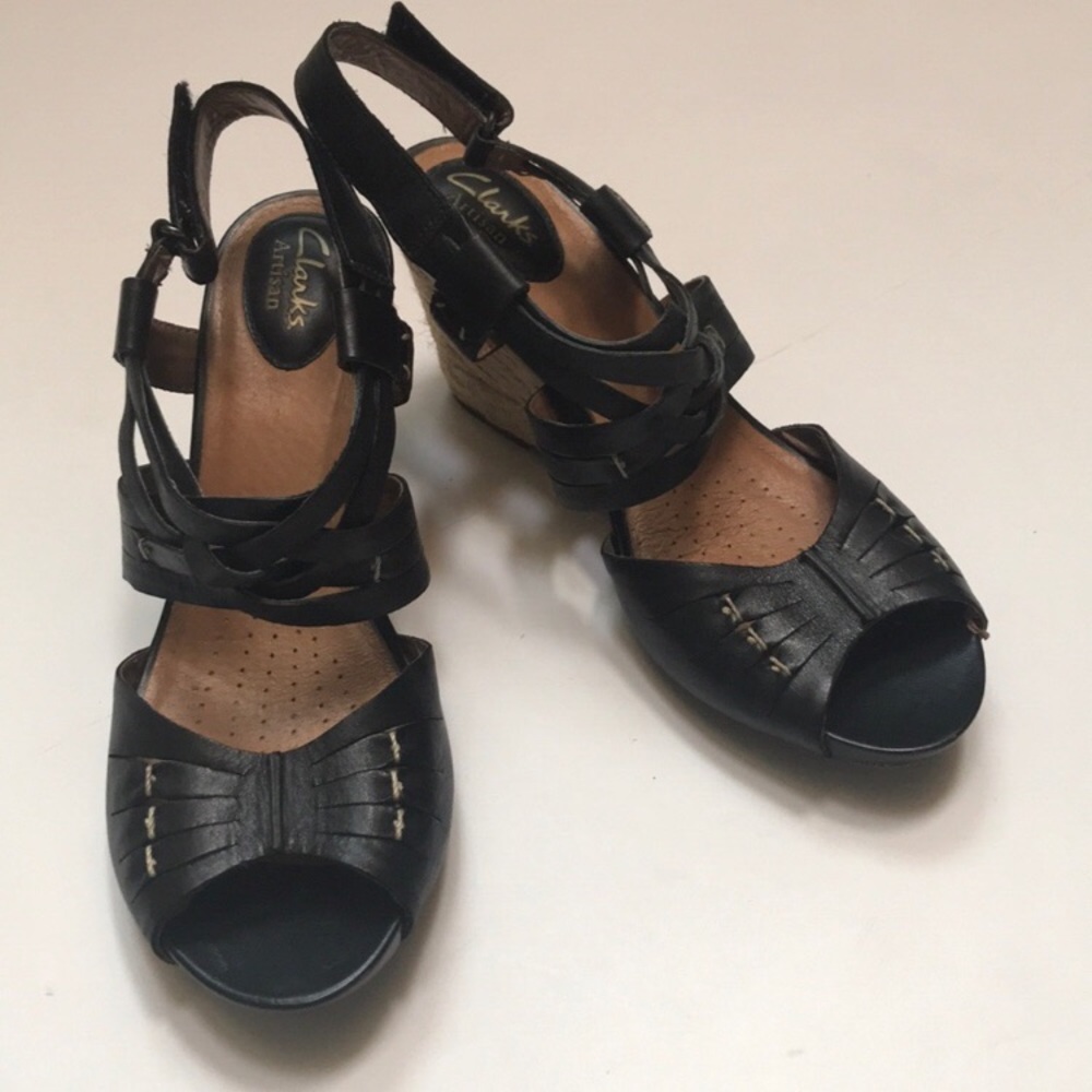 Clarks Artisan Kyna Leather Woven Wedge Sandals